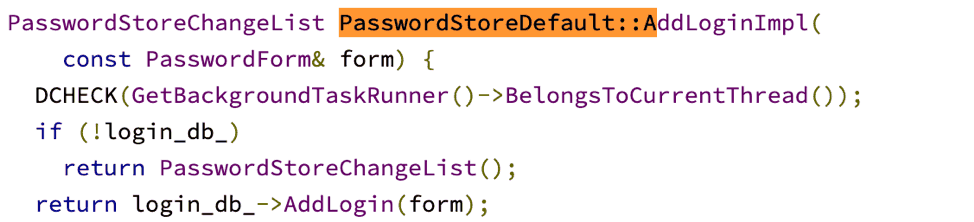 Figure 2: If you choose to save your password, to add the credentials Chrome will first call the “Save” function of the password manager and then the add login function.