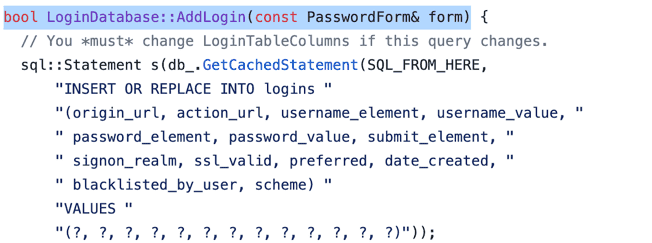 Figure 3: Showing the SQL query performed to store the encrypted data in the login data file.