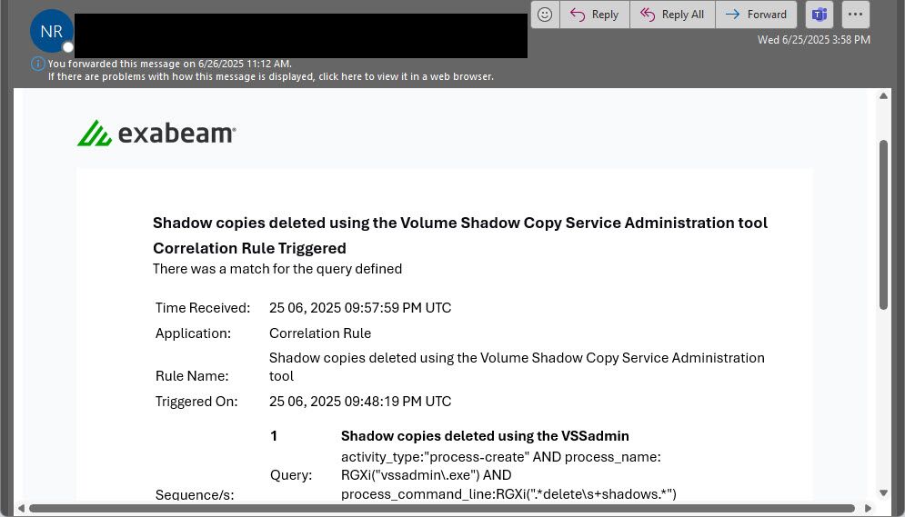 Figure 9 Alarm for shadow copy delete from Exabeam SIEM
