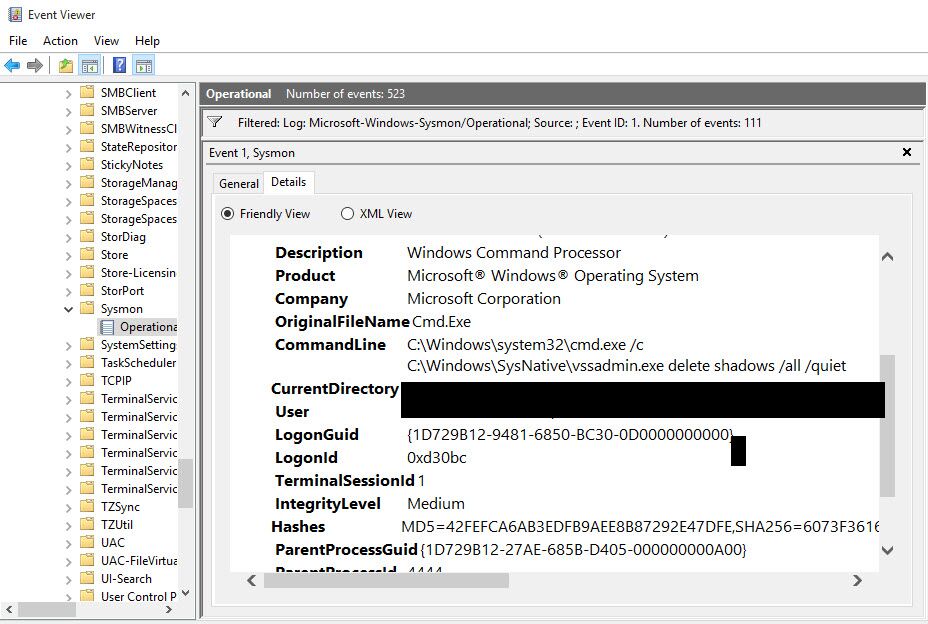 Figure 7 Shadow copy delete logged by Sysmon