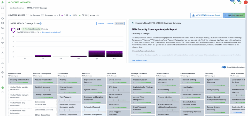 Figure 2: Exabeam Nova showing a summary of findings, providing a security posture evaluation, recommended improvements, and a future strategy.