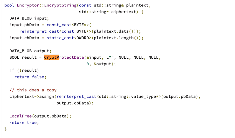 Figure 4: CryptProtectData, a windows API function, encrypts the password.